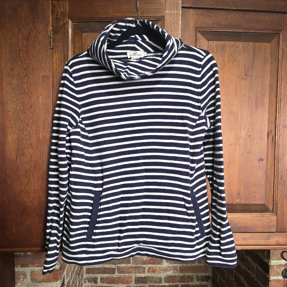 Vinyard Vines Navy White Striped Funnel Neck Sweatshirt - Small